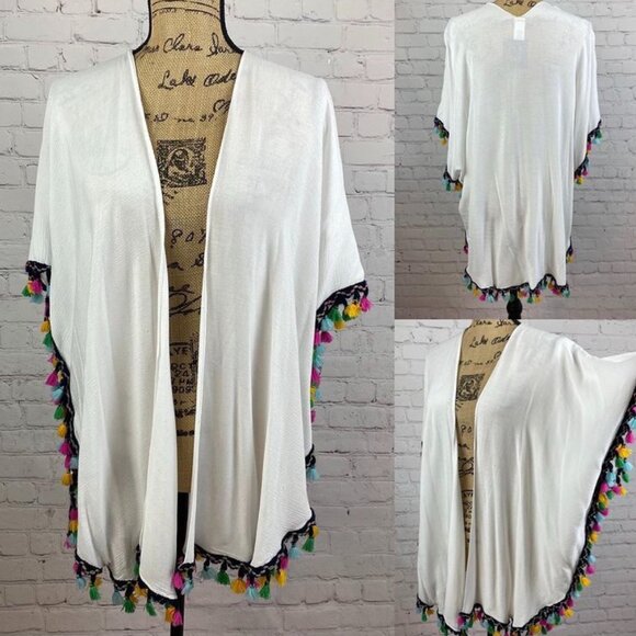 Crinkly White Open Front Colorful Tassel Trim Coverup Kimono - Picture 1 of 1